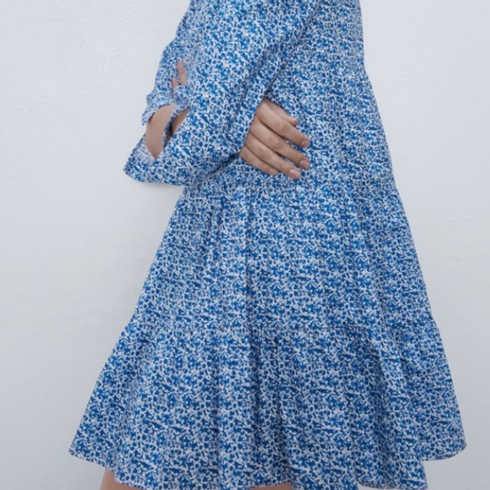 Zara blue floral print cotton dress - Picture 2 of 5